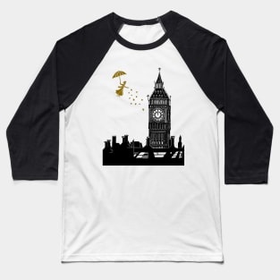 Mary Poppins and Big Ben Linocut in black and gold Baseball T-Shirt